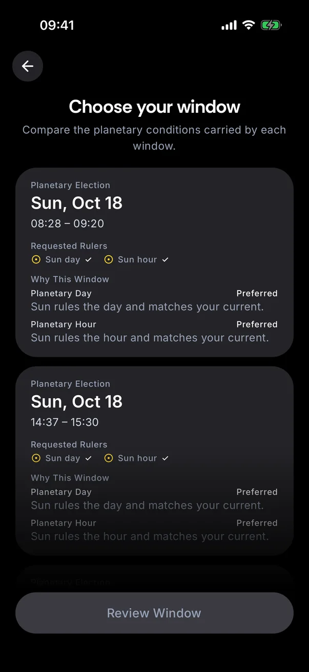 Magick Companion app, Ritual Planner: the windows the astronomy API found.