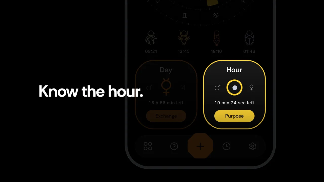 Push-in on the Hour card. Every screen is a recording of the app, cropped, never redrawn.