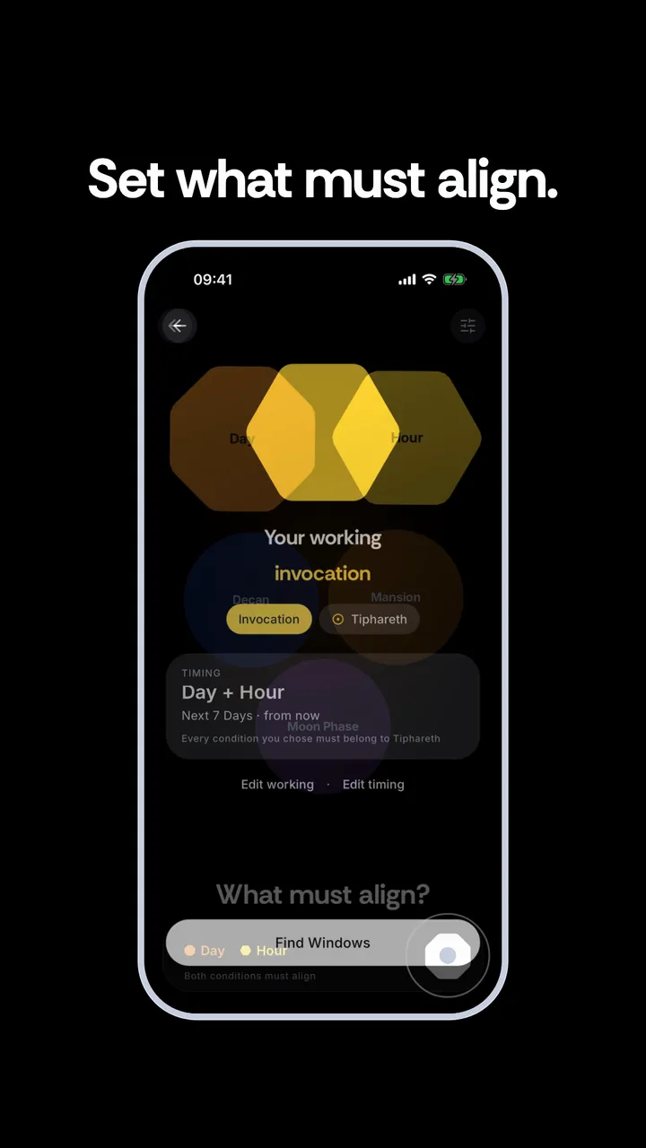 “What must align?” Day and hour, then the summary card.