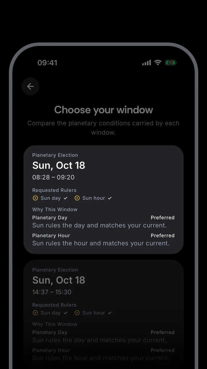 The search returns real windows from the app’s own astronomy API.