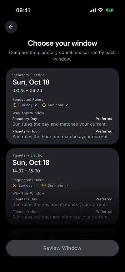 Magick Companion: Ritual Planner: the windows the astronomy API found.